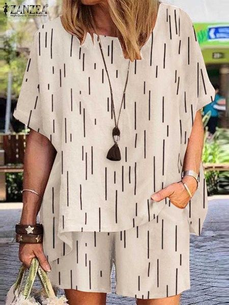 

two piece dress zanzea summer women short pants sets 2pcs suit casual loose tracksuit oversize vintage printed short sleeve blouse matching, White
