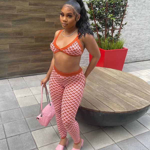 

two piece dress echoine plaid print ribbed halter backless crop hight waist legging pants skinny fitness suit street two piece set t230113, White
