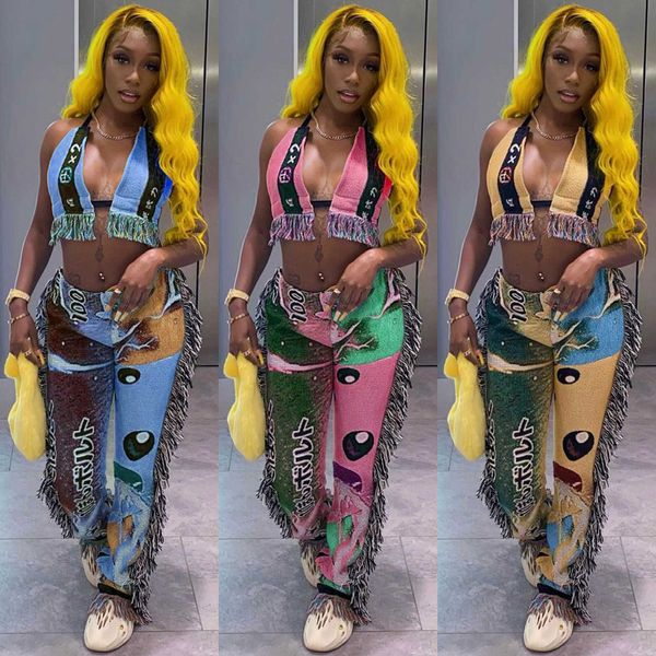 

two piece dress echoine casual streetwear 2 piece set cartoon latter print halter bra tassel hight waist pants matching set party club outfi, White