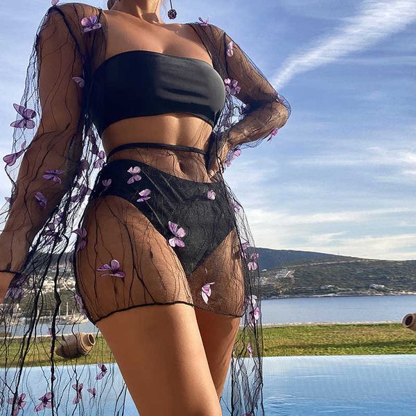 

two piece dress echoine 4 piece set beachwear swimsuit sheer mesh cover up skirt outwear bikini suit t230113, White
