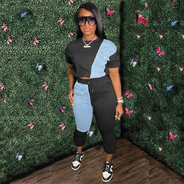 

two piece dress temperament commute women's fashion sweater short-sleeve suit stitching denim pants two-piece set 2022 new t230113, White