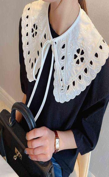 

korean women white cotton fake collar shawl wrap hollow out floral fish scales necklace scarf embroidery short poncho y2203294289329, Blue;purple