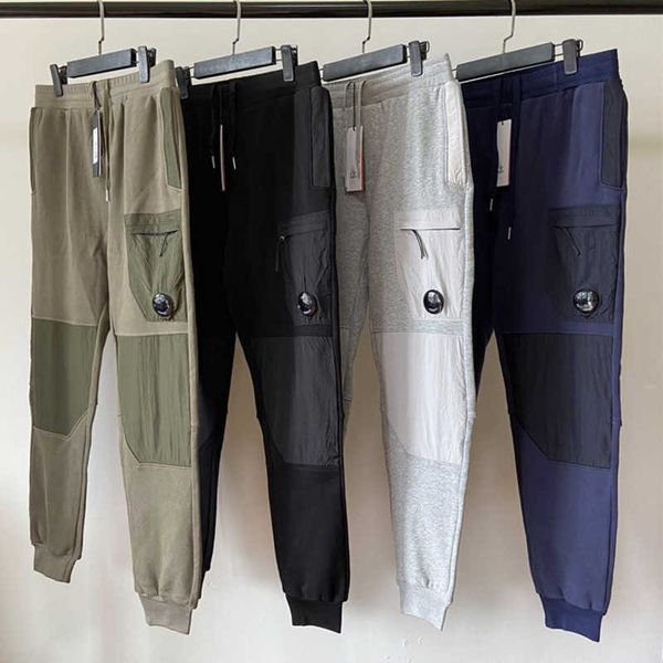 

high-end mens pants classic lens decoration casual sweatpants cp designer pants men cotton thickened plus velvet loose trousers, Black