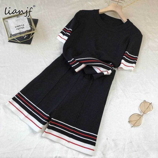 

two piece dress 2022 classic hit knitted plus size short sleeve elastic shorts suit tracksuit women summer contrast color stripe two piece s, White