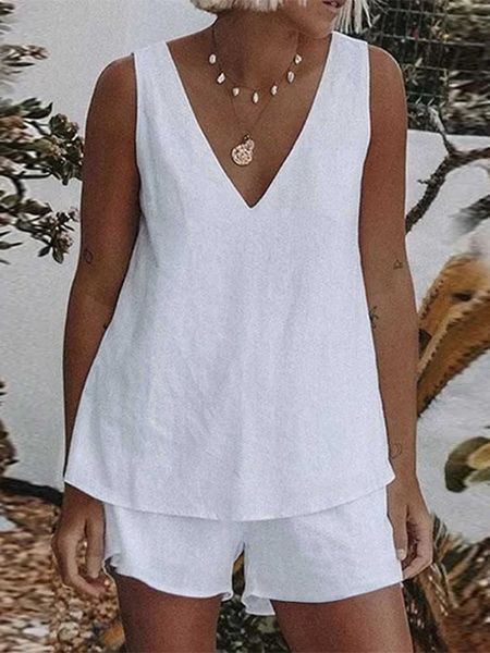 

two piece dress summer sleeveless short sets 2pcs zanzea casual matching sets women tanks and shorts loose solid cotton suits home wear t23, White