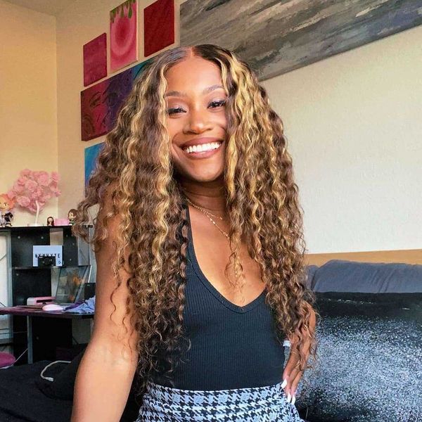 

lace wigs curly human hair frontal highlight t part wig virgin brazilian for african black wome 230106, Black;brown