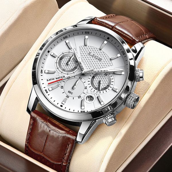 

wristwatches lige watch men fashion sports quartz clocks mens watches brand leather military waterproof date watch relogio masculino 230113, Slivery;brown