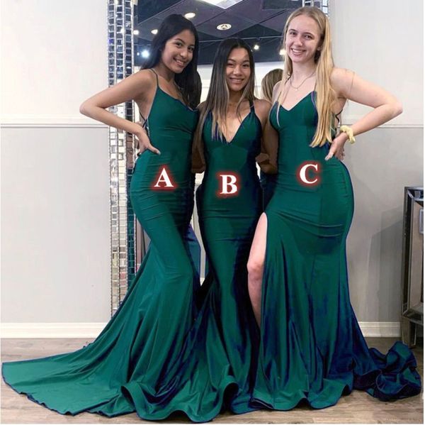 

2023 dark green bridesmaid dresses satin spaghetti straps mermaid side slit floor length ruched sleeveless custom made plus size maid of hon, White;pink