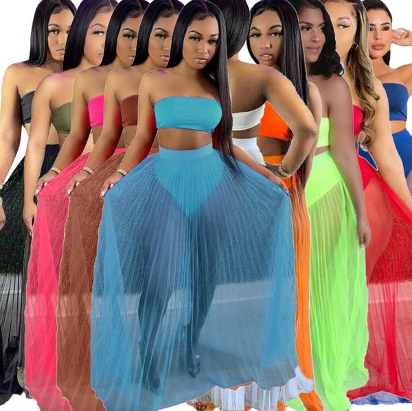 

two piece dress echoine strapless crop sheer mesh see through pleated long skirt two piece set beach vacation holidays summer matching set t, White