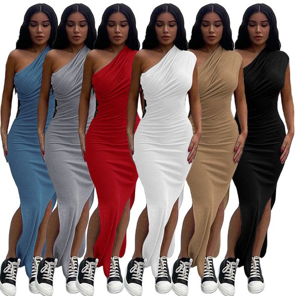 

summer ribbed dress women spring bodycon dresses diagonal collar split long dress solid sleeveless skinny dresses nightclub party wear 9182, Black;gray