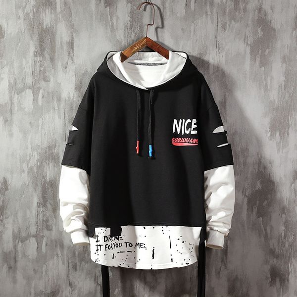 

men's hoodies sweatshirts men ribben hooded sweatshirt autumn male fashion hoodie solid color splice street style 230113, Black