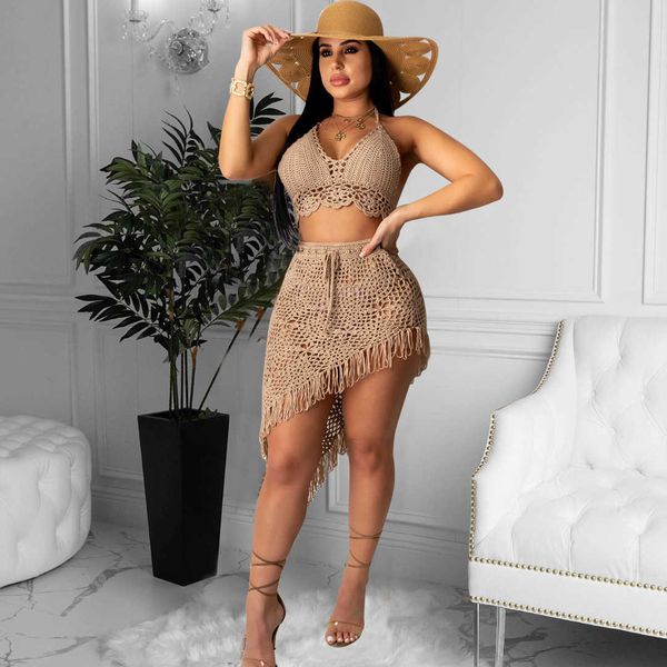 

two piece dress 2022 temperament commute sale women's clothing hand-crocheted tassel casual suit beach swimsuit blouse t230113, White