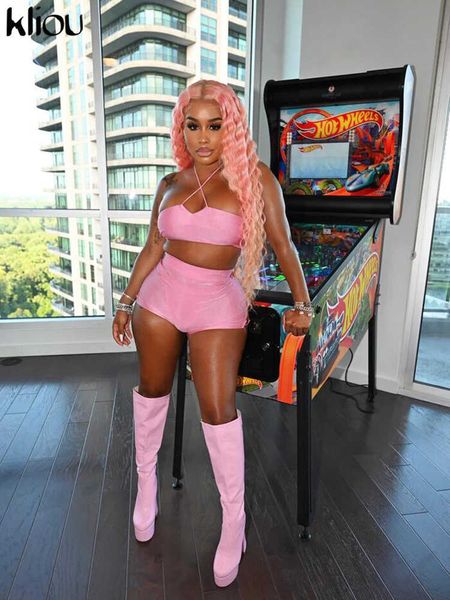 

two piece dress solid casual two piece set women halter lace up wrapped chest vest stretchy active high waist shorts lady tracksuit t230113, White