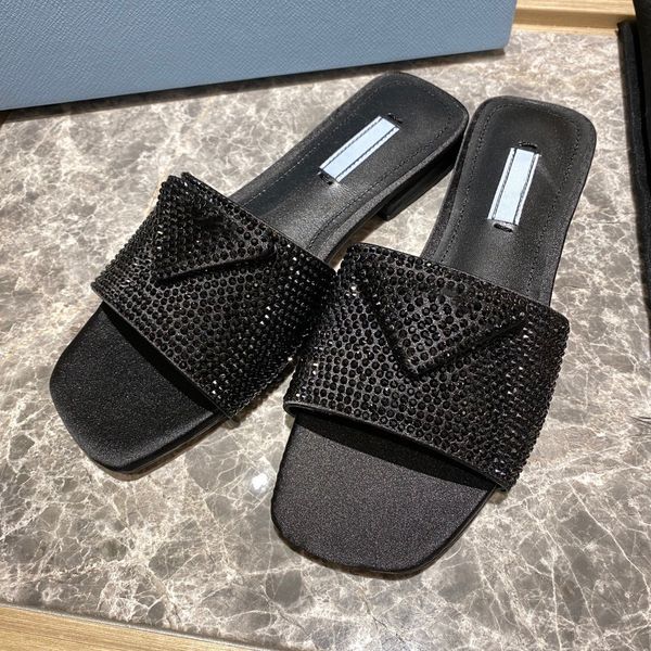 

slipper designer triangle square-headed pin-heeled womens shoes with open-toe rhinestone letters for casual wear, Black