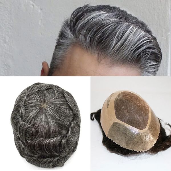 

1b65 grey wave men's toupee bond npu replacement system 100% human hair male wig natural remy prosthesis fine mono lace with pu for men, Black