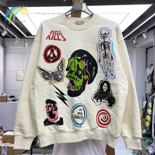 

men's hoodies sweatshirts heavy fabric fleece vintage apricot skull print sweatshirts men women hip hop autumn winter oversized crewnec, Black