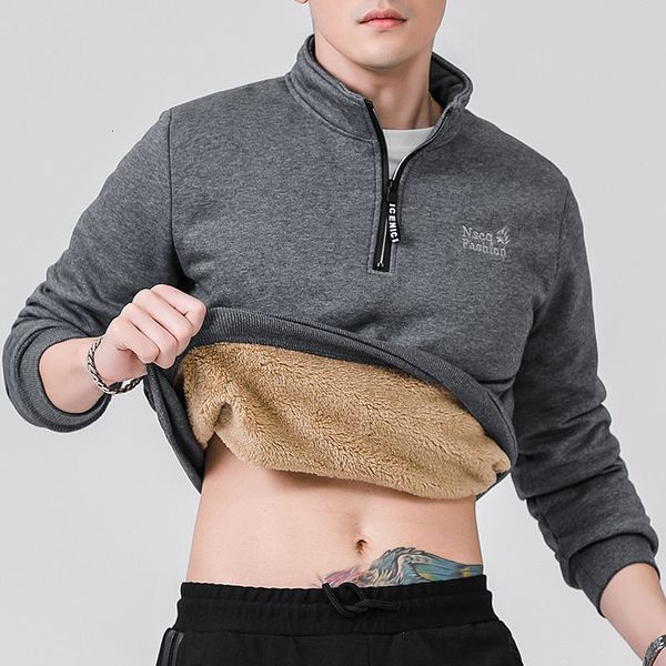 

mens hoodies sweatshirts winter long sleeves fleece lined warm pure color quarter zip thicken plus size 8xl 230113, Black