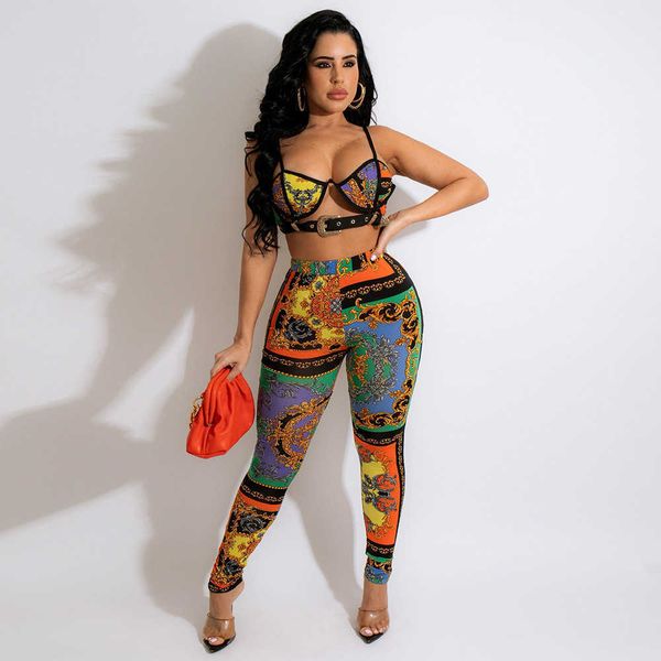 

two piece dress echoine colorful gold chain print strap sling grommet belt crop and legging pants two piece set party outfits clubwear t2301, White