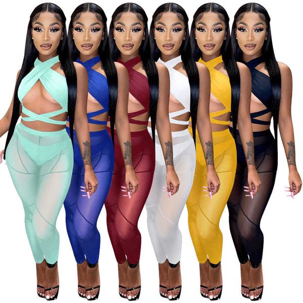 

two piece dress echoine 3 pieces set bandage lace up halter crop sheer mesh pants set party night club outfits streetwear see through cloth, White