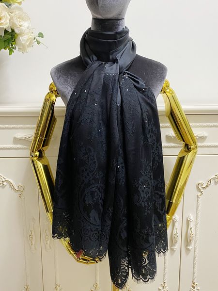 

women's long scarf scarves 100% silk material black color plain patchwork lace big size 210cm - 65cm, Blue;gray