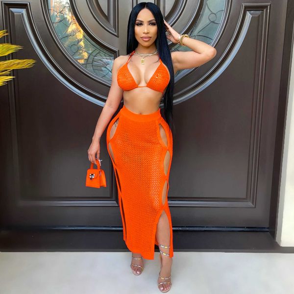 

two piece dress summer inspirational suit 2022 women's knitting suit hollow out swim suit beach cover-up two-piece skirt suit t230113, White