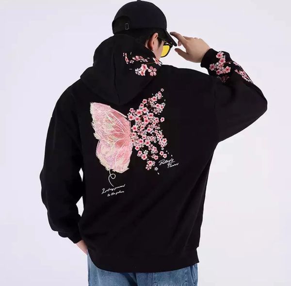 

mens hoodies sweatshirts man 100% cotton butterfly embroidery harajuku solid pocket hooded autumn long sleeve loose chinese outwear 230113, Black