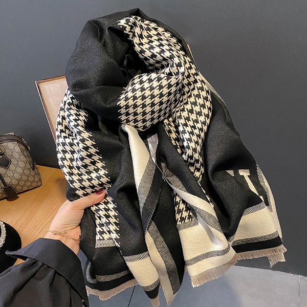 

designer shawl scarf 2023 advanced houndstooth scarf female autumn and winter joker tassel shawl korean letter scarf to keep warm, Blue;gray