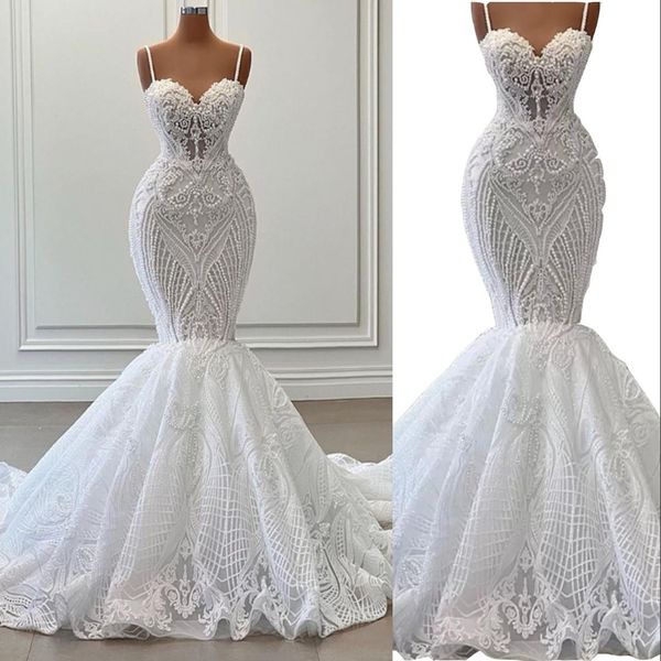 

2023 mermaid wedding dresses luxury african spaghetti straps illusion full lace appliques crystal beaded pearls formal bridal gowns plus siz, White