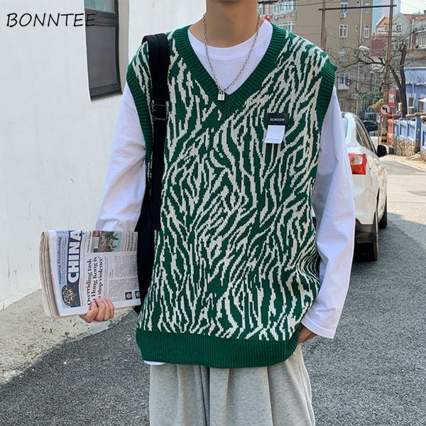 

men s vests men sweater vest zebra striped loose knitted sweaters male all match ins chic fashion casual v neck korean style streetwear soft, Black;white