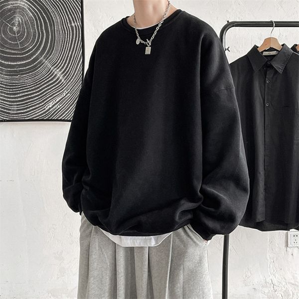 

mens hoodies sweatshirts men harajuku korean hip hop solid color basic o neck oversized pullovers autumn fashion casual long sleeve 230113, Black