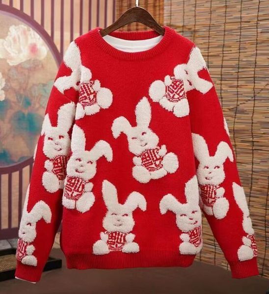 

2023 little white rabbit sweaters american retro o neck sweater boys autumn winter loose knit trend letter embroidery lovers pullover cool p, White;black