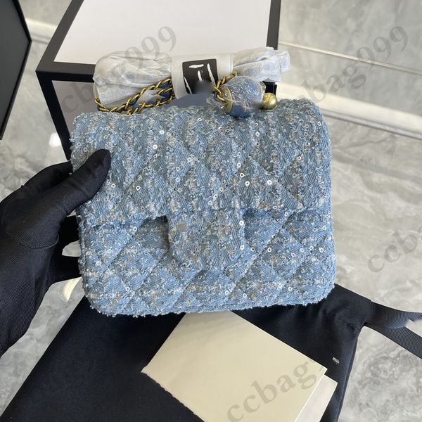 

blingbling denim sequin flap designer bags shiny mermaid classic blue diamond gold metal hardware chain messenger wallets womens mini luxury