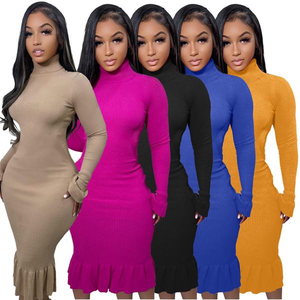 

plus size 3xl backless knitted dresses for women flare sleeve turtleneck one-piece dress fall winter clothes solid bodycon midi dress party, Black;gray