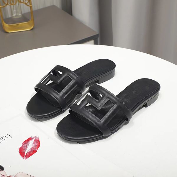 

round head flat leather slippers sandals embossed hollowed-out cow leather upper sheepskin lining classic fashion comfortable wear-resistant, Black