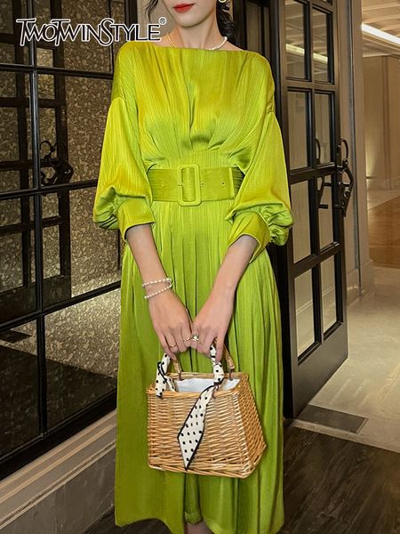 

casual dresses twotwinstyle elegant solid dress for women slash neck lantern sleeve sashes lace up midi dresses female spring clothing 23011, Black;gray