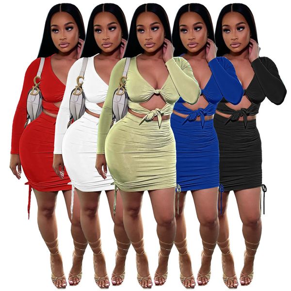

2023 designer dress sets women spring autumn long sleeve v neck bandage cut out and bodycon skirt two piece sets casual matching tracksuits, Black;gray