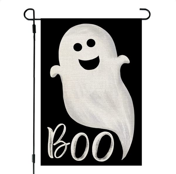 

halloween ghost boo garden flag 12x18 inch small double sided burlap welcome seasonal holiday yard outside, Black;brown