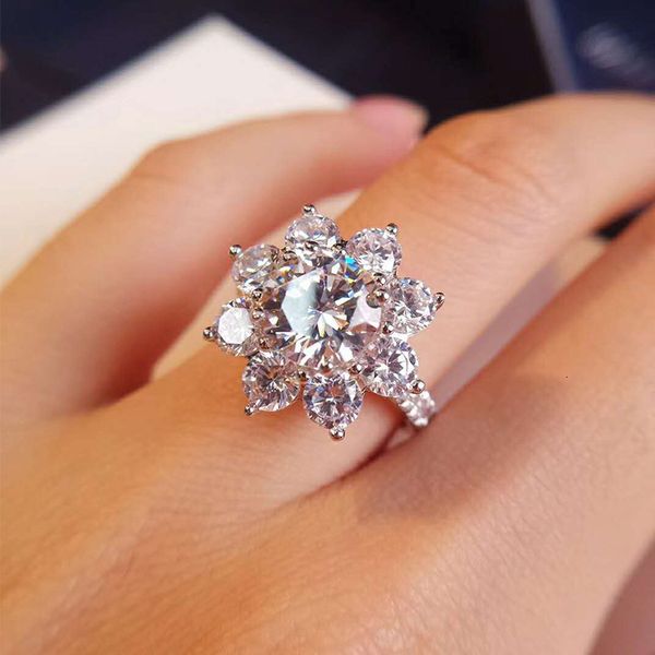 

wedding rings luxury sun flower ring 2 carat diamond lotus ring women fancy wedding rings sterling silver fine jewelry set 230113, Slivery;golden