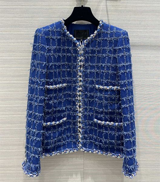 

wool & blends european and american women's clothes 2023 spring new long sleeve blue tassel round neck fashion tweed coat, Black