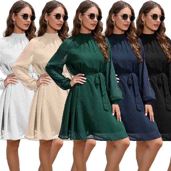 

new womens dresses wedding guest birthday designer dress european and american plus size long sleeve elegant chiffon swiss dot mid length sk, Black;gray