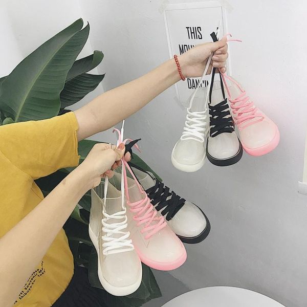 

rain boots fashion women ankle transparent shoes woman nonslip waterproof sneakers boot 230114, Black;red