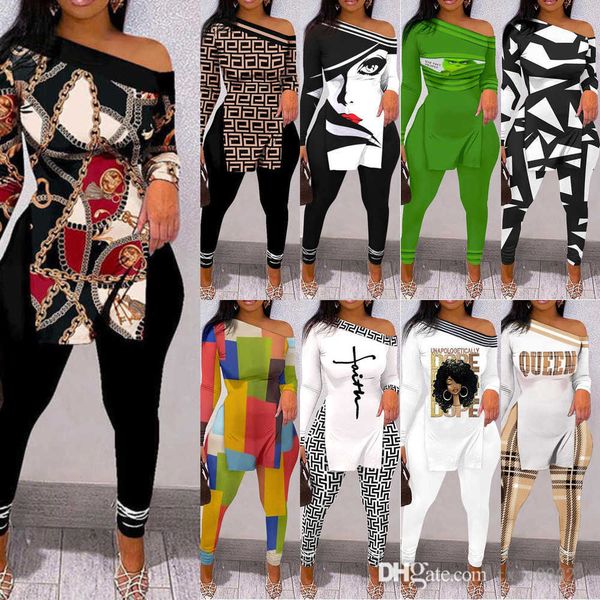 

2023 spring fall new women printed pants outfits off shoulder split t shirt and leggings suit 2 piece matching sets, White