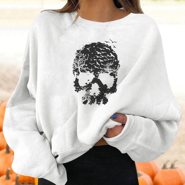 

womens hoodies sweatshirts skull print oversized women sweatshirts pullover oneck long sleeve fleece halloween sweatshirt woman autumn winte, Black