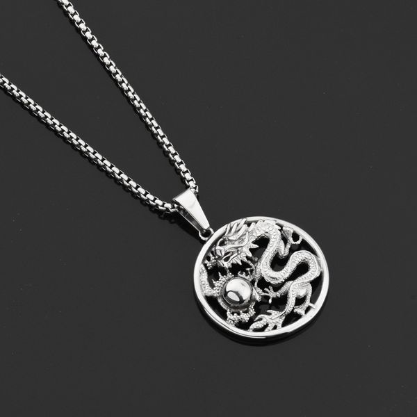 

simons jewelry women ethnic style men retro necklace pan dragon play beads pendant dragon pattern personality pendants long sweater chain ac, Silver