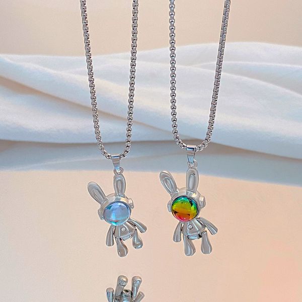 

cute space rabbit pendant necklace for women men punk hiphop party jewelry accessores silver long chain necklaces
