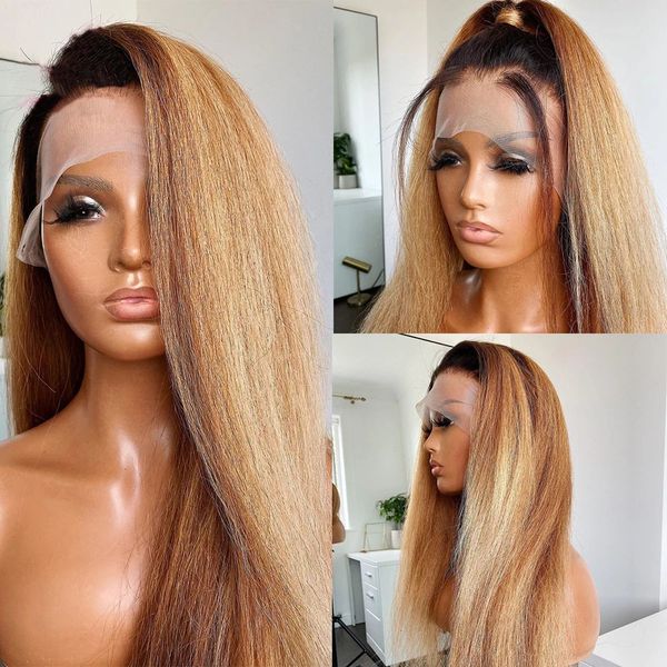 

lace s ombre honey blonde tail yaki straight hd 360 frontal preplucked 13x6 human hair glueless kinky 230114, Black;brown