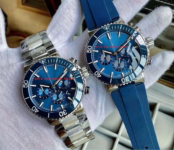 

2 style super quality men watches 46mm blue dial sapphire luminous auto date japan multi-function quartz chronograph 316 l steel men's, Slivery;brown