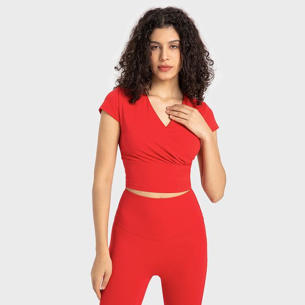 

l350 pa66 yarn fabric pleated yoga buttery soft v neck sweatshirt super-wide hem tee nude sense women short sleeved shirt