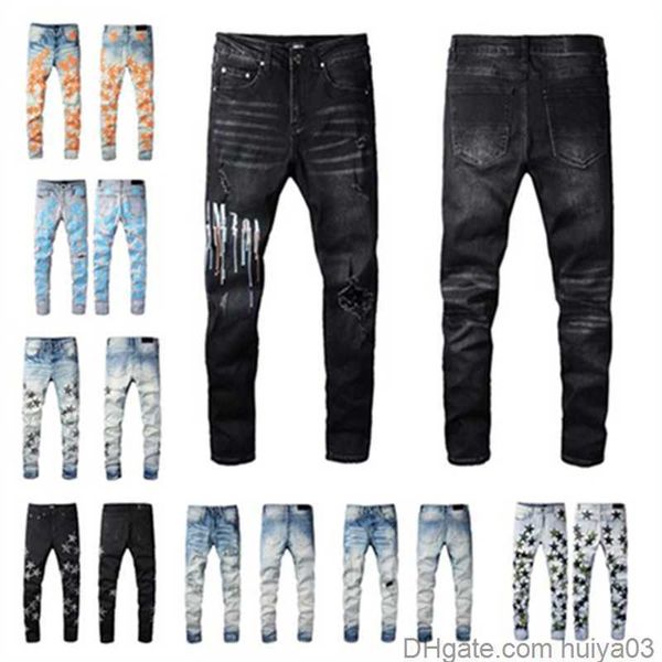 

designer jeans mens denim embroidery pants fashion holes trouser us size 28-40 hip hop distressed zipper trousers for male 2022 sell huiya03, Blue