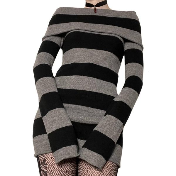 

casual dresses doury goth mall stripes knitted dress women long sleeve offshoulder bodycon dress vintage aesthetic y2k grunge clothes 230113, Black;gray